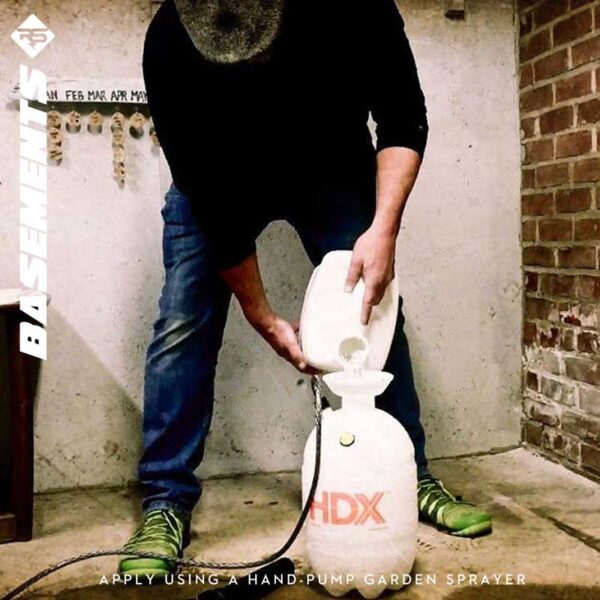 RadonSeal Concrete Sealer being applied to a basement floor using a hand-pump garden sprayer.