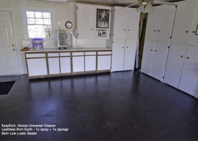 Color stain applied to a concrete kitchen floor.