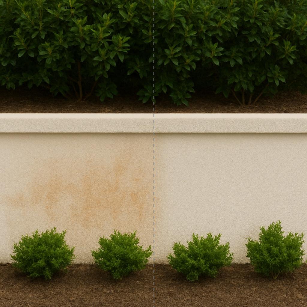 red clay7 Stucco retaining wall showing a side-by-side before-and-after comparison of red clay stain removal, with visible improvement from stained to clean surface