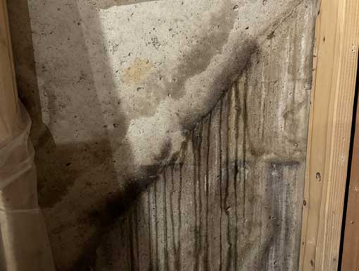 Diagnol-Basement-Wall-Crack-Repair Diagonal crack in a poured concrete basement wall with water visibly leaking through the crack and damp concrete surrounding it.